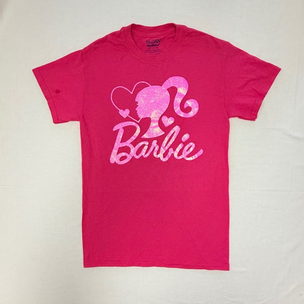 Gildan Barbie Graphic T-Shirt Pink Glitter Silhouette Logo Tee Small
